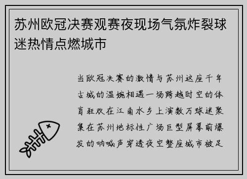 苏州欧冠决赛观赛夜现场气氛炸裂球迷热情点燃城市